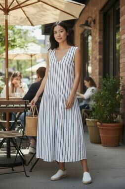 Vintage 80s Cotton Sleeveless Striped Cottagecore Jumper Dress AVOCADO Sz Small
